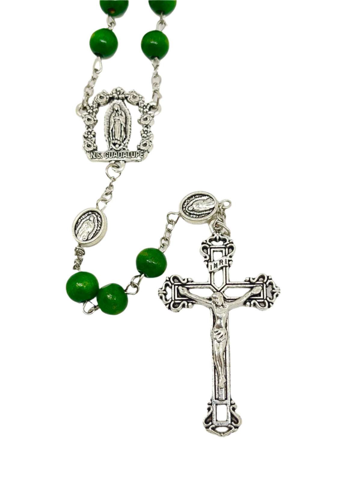 22" green wood rosary with Our Lady of Guadalupe centerpiece, matching Our Father beads, and detailed silver crucifix