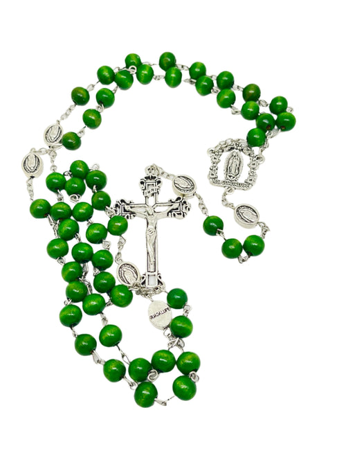 22" green wood rosary with Our Lady of Guadalupe centerpiece, matching Our Father beads, and silver crucifix in black box