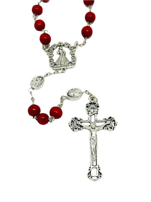 22" red wood Divine Mercy rosary with silver crucifix, Divine Mercy centerpiece, and matching Our Father beads