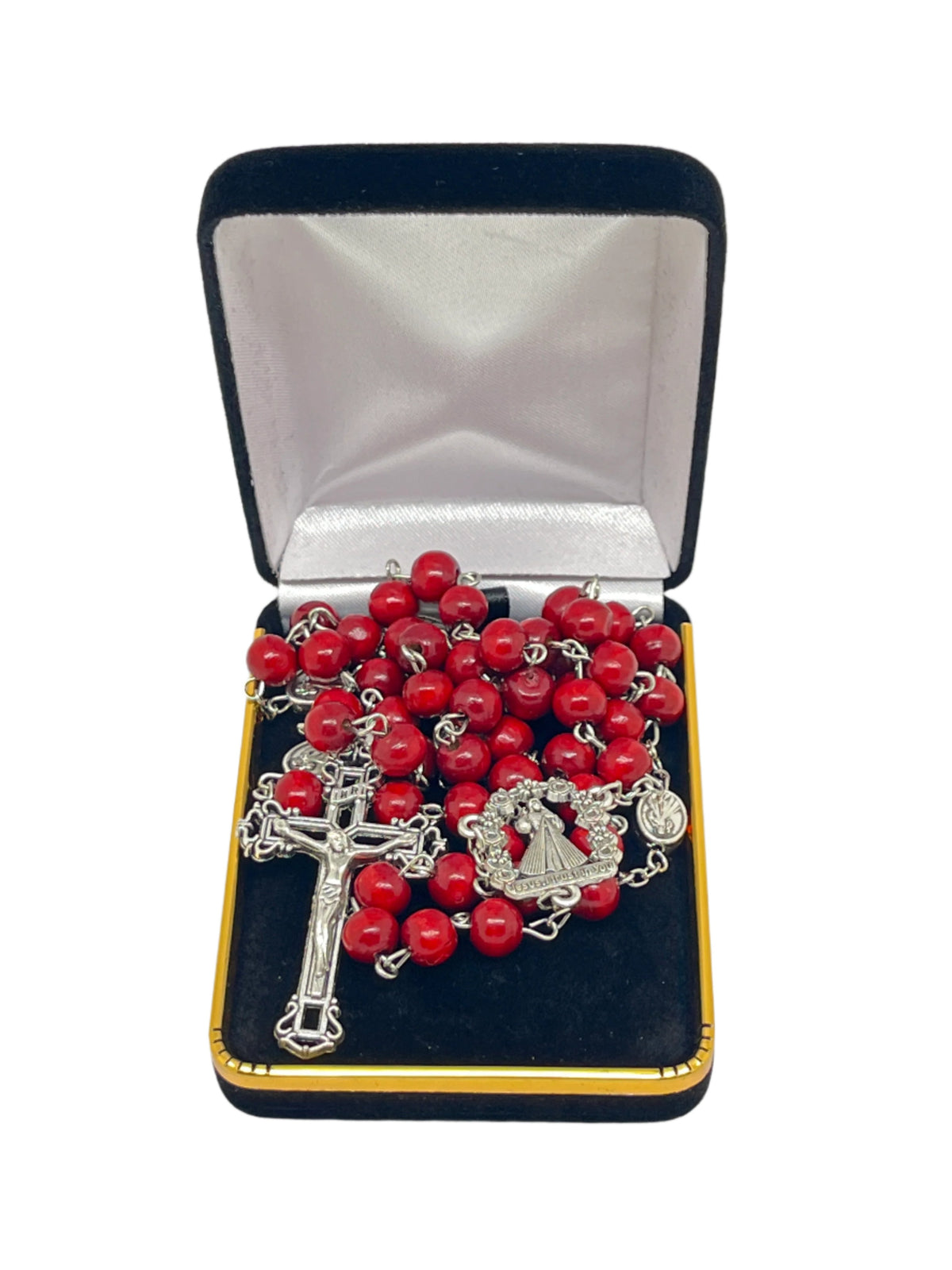 22" red wood Divine Mercy rosary with silver crucifix, matching centerpiece, and deluxe black velvet gift box.