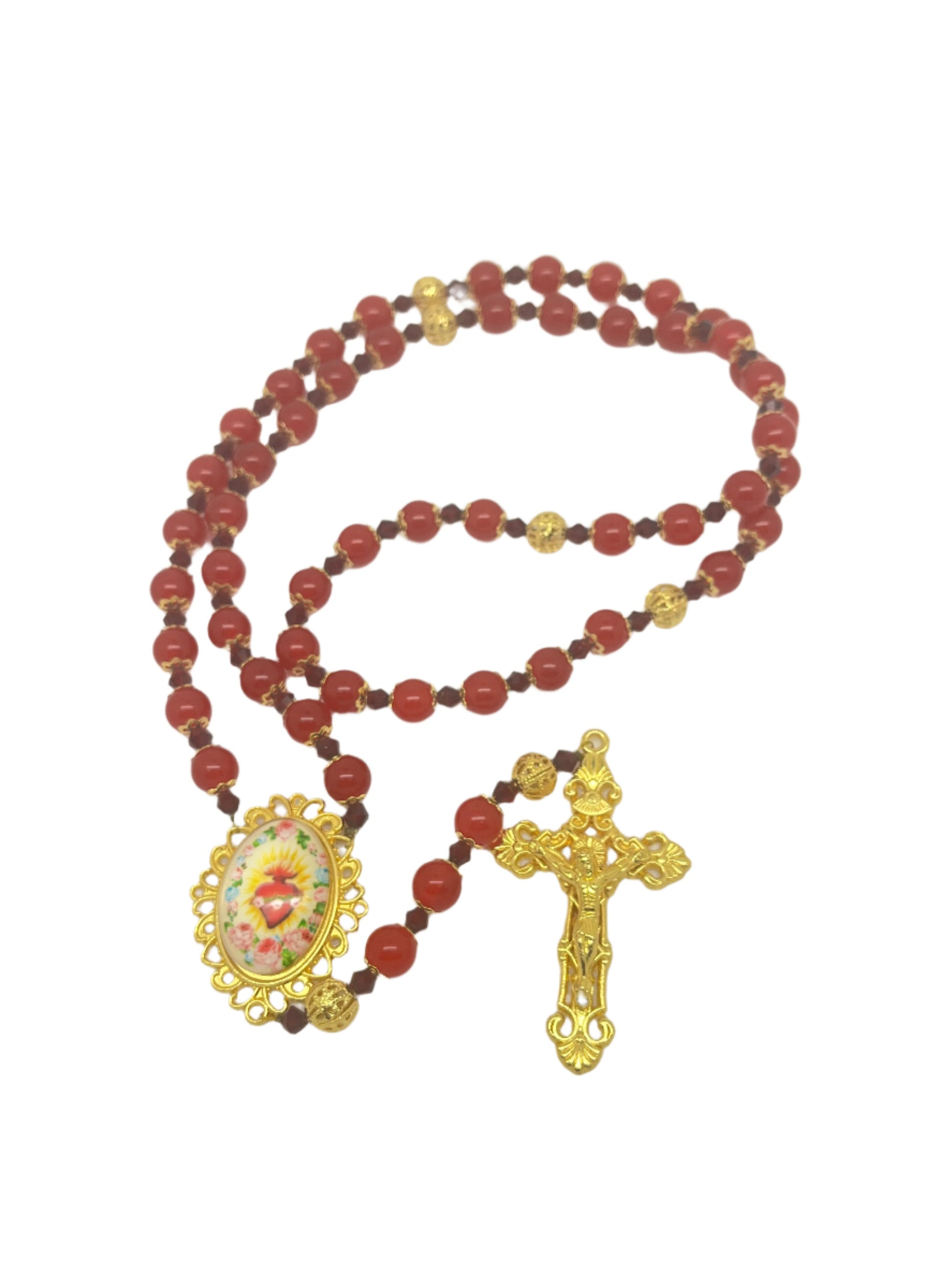 Immaculate Heart of Mary Rosary with deep red gold-capped beads, gold filigree Our Father beads, and gold crucifix centerpiece