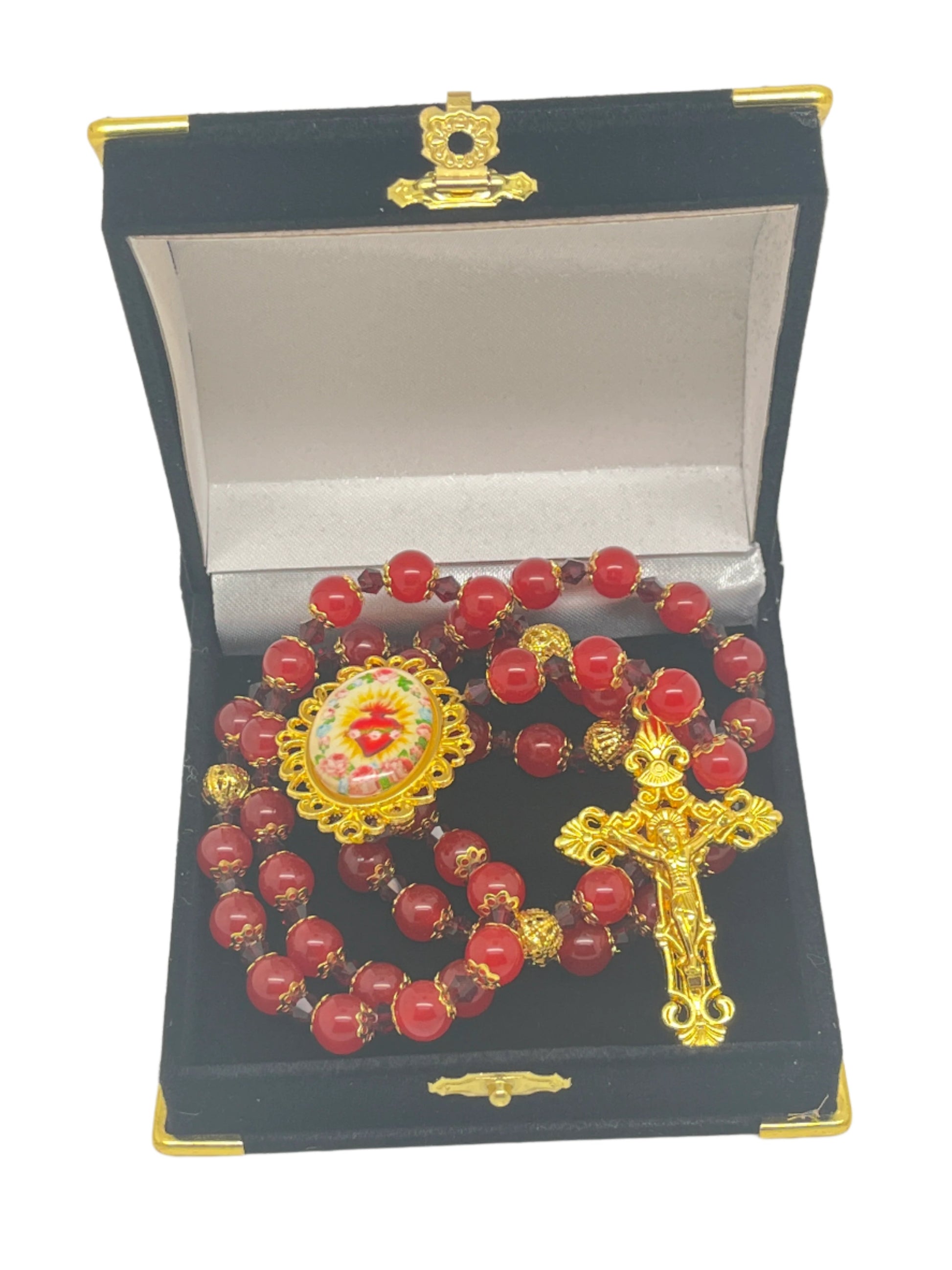 Immaculate Heart of Mary Rosary with deep red gold-capped beads, gold filigree centerpiece, and ornate gold crucifix in black box