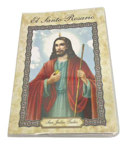 San Judas Thaddeus booklet titled El Santo Rosario with detailed rosary explanation and Loreto Litany prayers in Spanish
