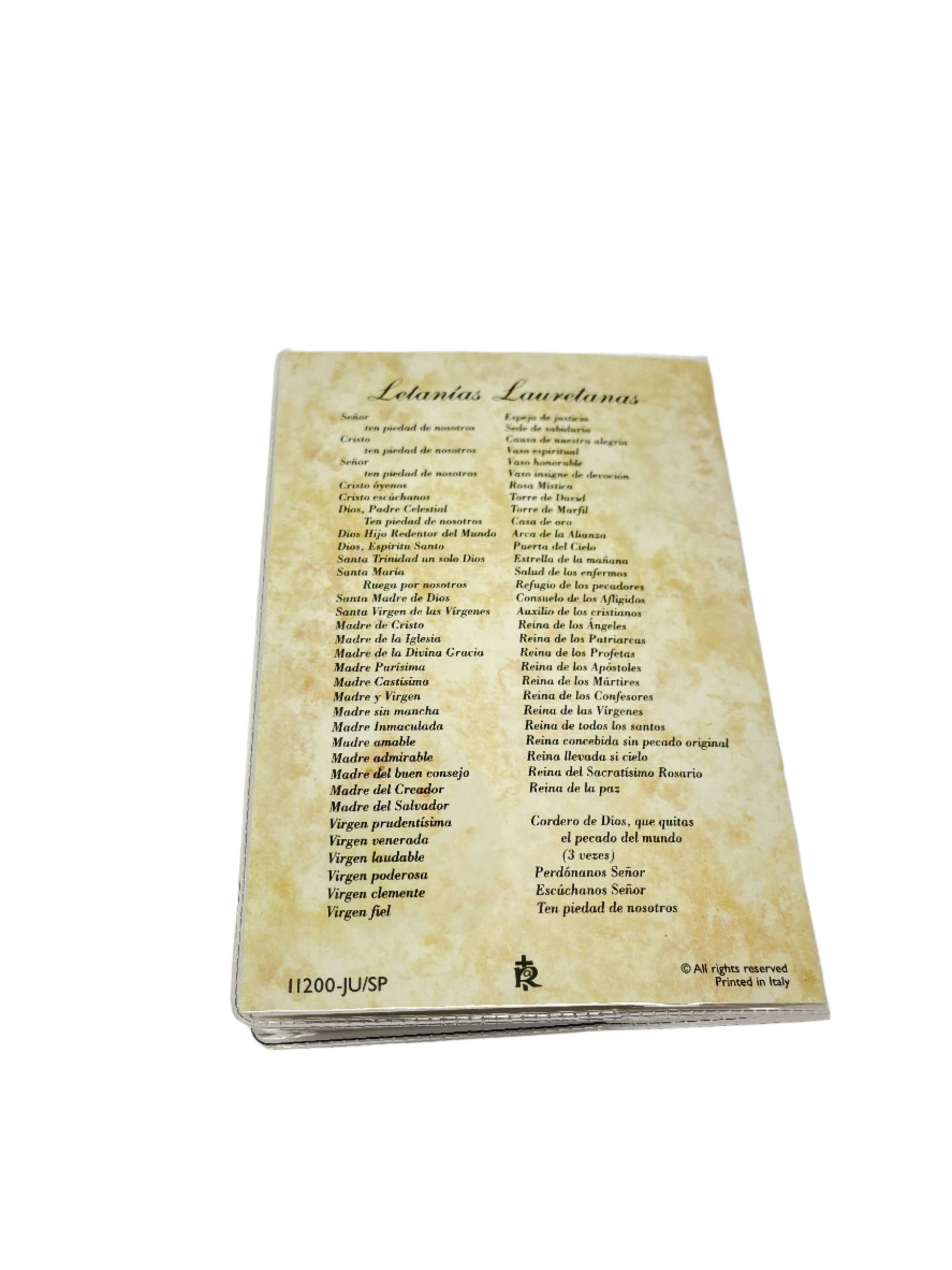 Prayer booklet of Loreto Litany in Spanish with vintage parchment design and religious titles, printed in Italy.