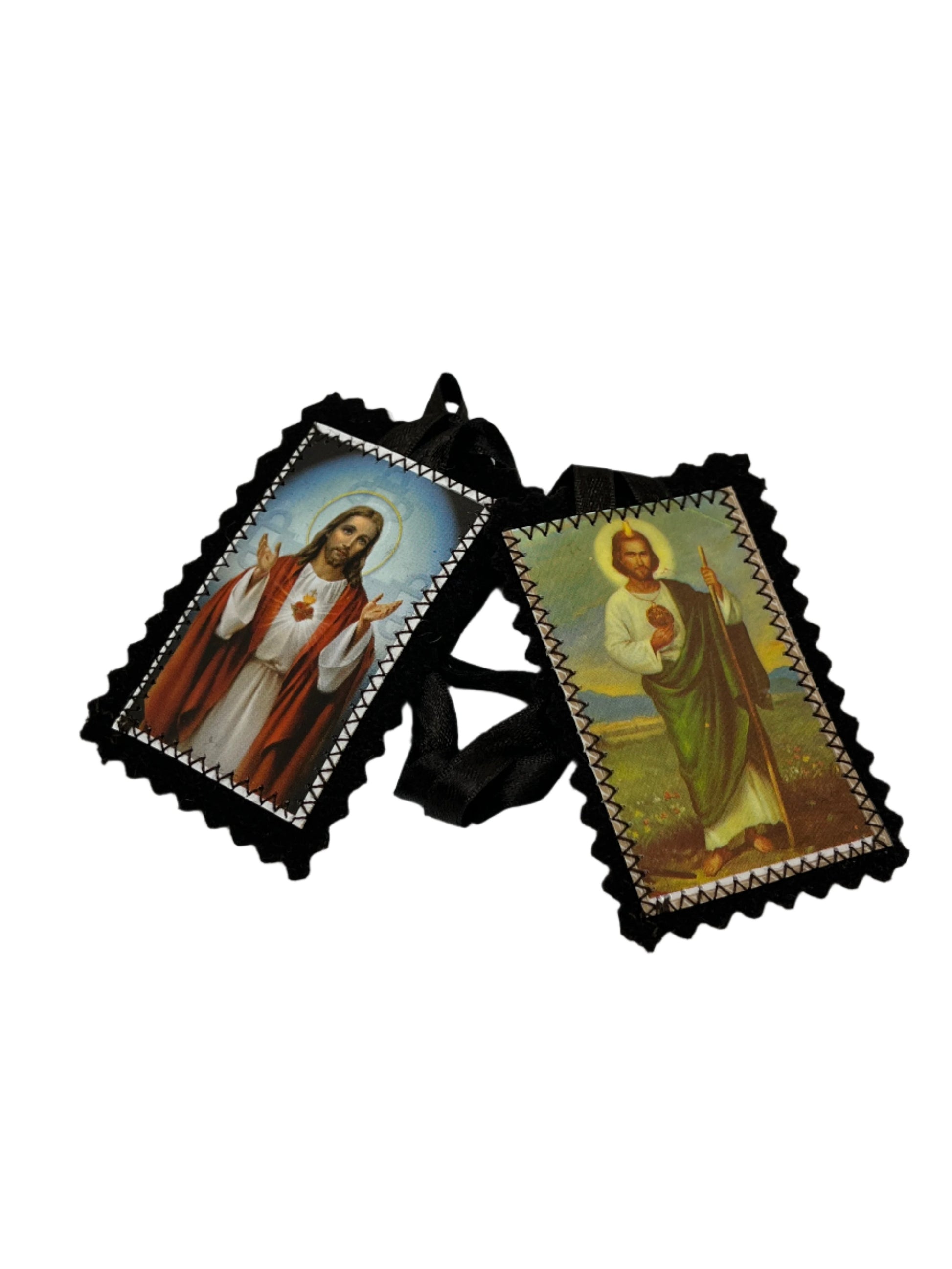 Brown scapular featuring Sacred Heart of Jesus and St. Jude images with black trimmed edges, 3 inches long.
