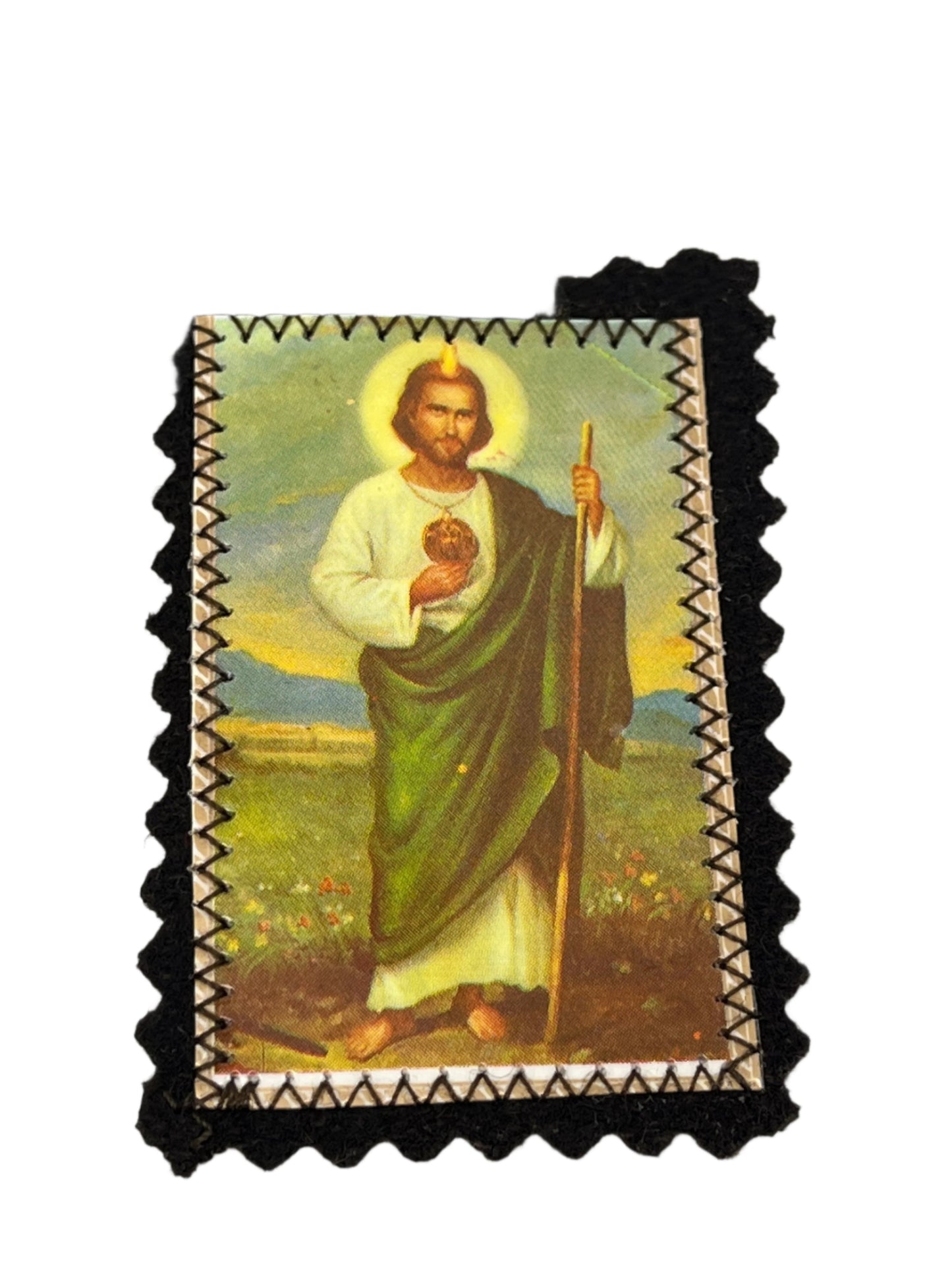 Brown St. Jude and Sacred Heart scapular with detailed saint image and black decorative border, 3 inches long.