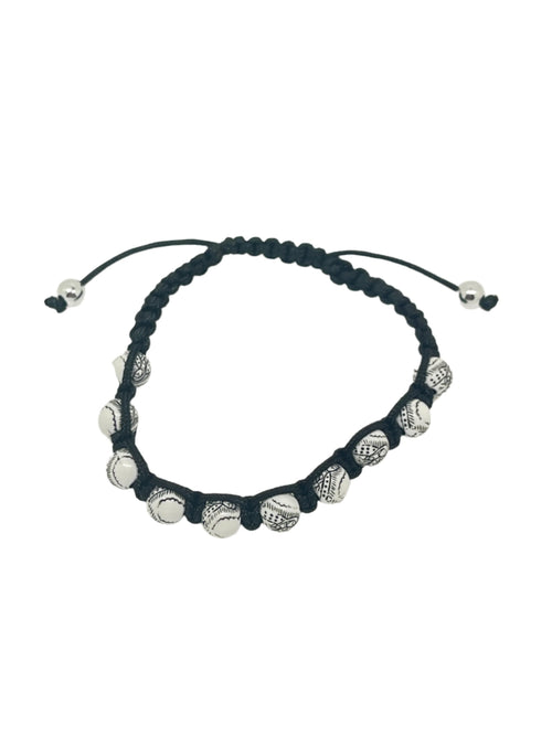 Adjustable black cord rosary bracelet with silver Our Lady of Guadalupe beads and silver accents on ends