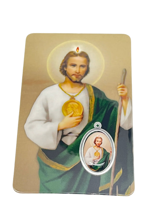 Saint Jude prayer card featuring a detailed Saint Jude medal with green and gold robes, ideal for carrying in a wallet.