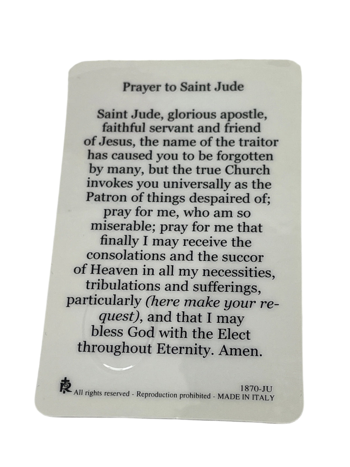 Saint Jude Prayer Card featuring the full prayer text, made in Italy, designed for spiritual support and devotion.