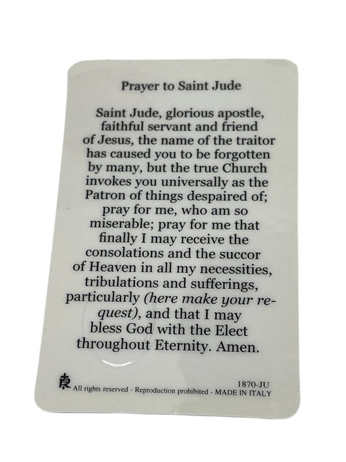 Saint Jude Prayer Card featuring the full prayer text, made in Italy, designed for spiritual support and devotion.