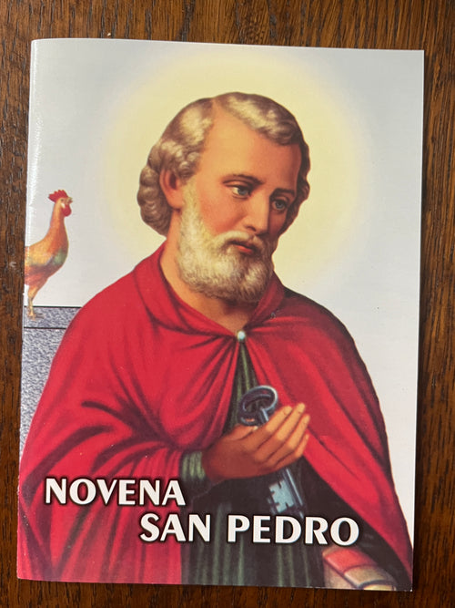 Novena San Pedro prayer booklet with colorful image of Saint Peter holding a key and a rooster in the background