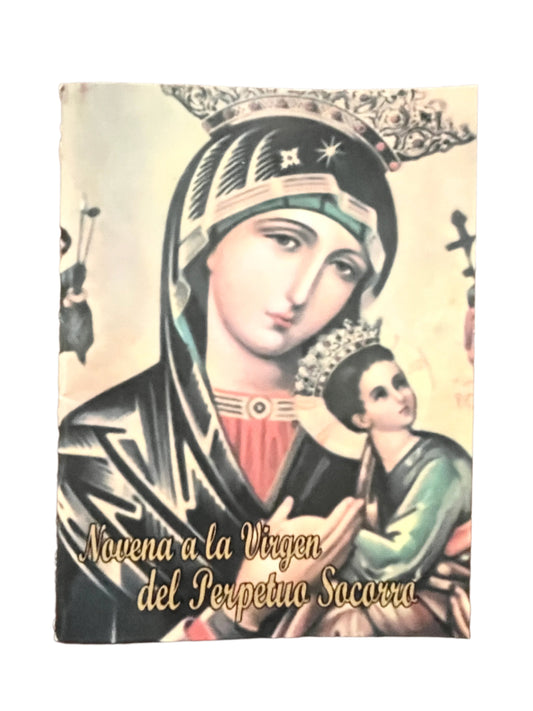 Prayer booklet titled Novena to Our Lady of Perpetual Help with traditional religious icon on cover