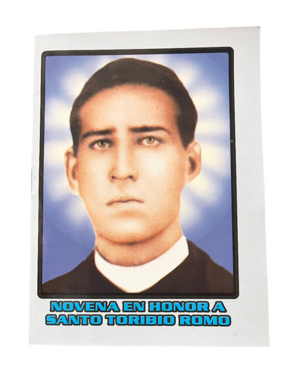 Prayer booklet titled Novena en Honor a Santo Toribio Romo with portrait of the saint and 16 pages.