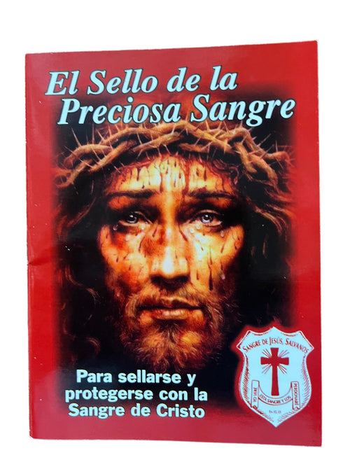 Religious booklet titled El sello de la Preciosa Sangre with Jesus crowned with thorns on red background and protective shield emblem