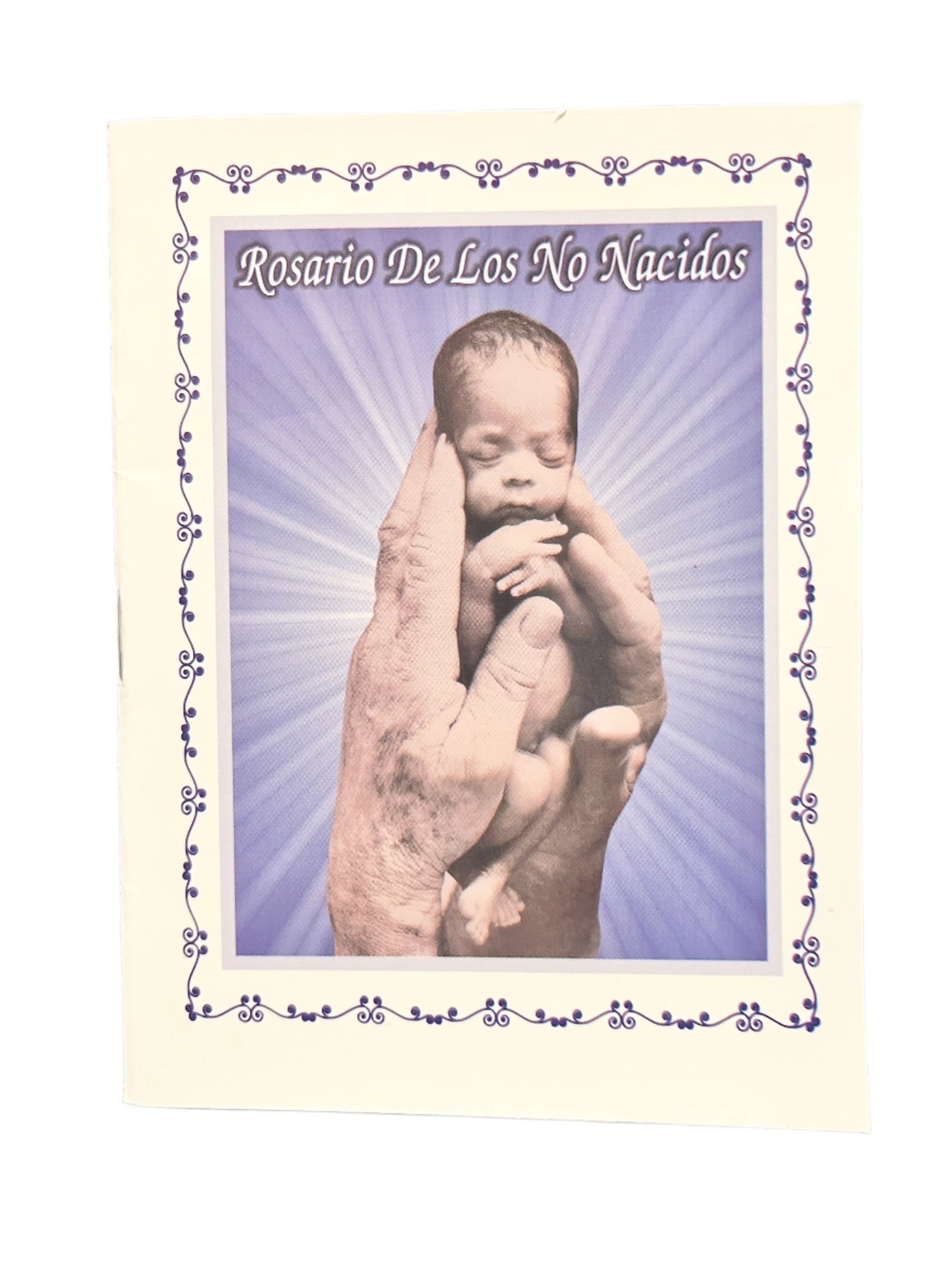Rosario de Los No Nacidos book cover with hands holding a small infant, decorative purple border, 40 pages.