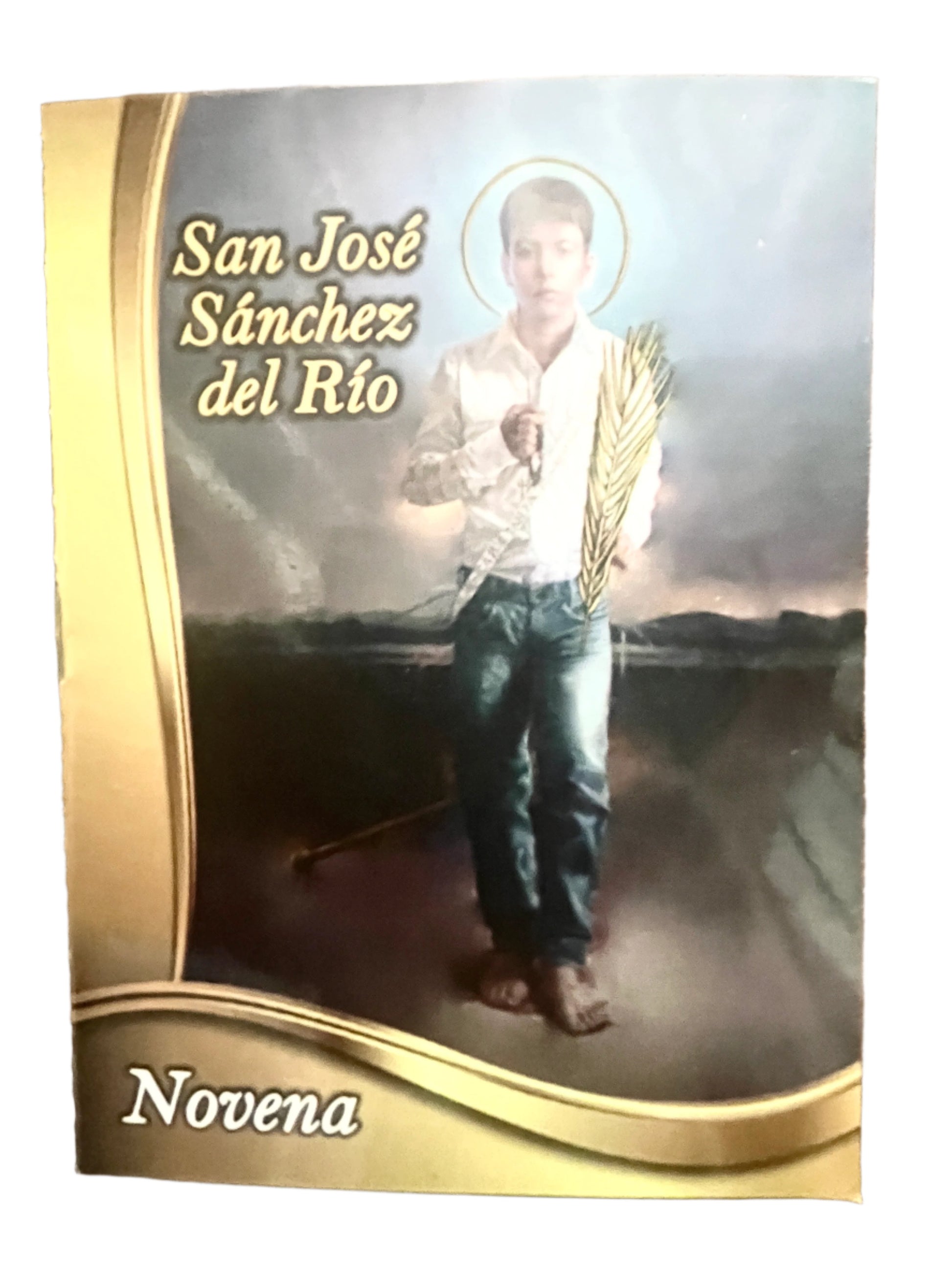 San José Sánchez del Río Novena booklet with gold border, saint image holding palm leaf, 16 pages devotional prayer guide.