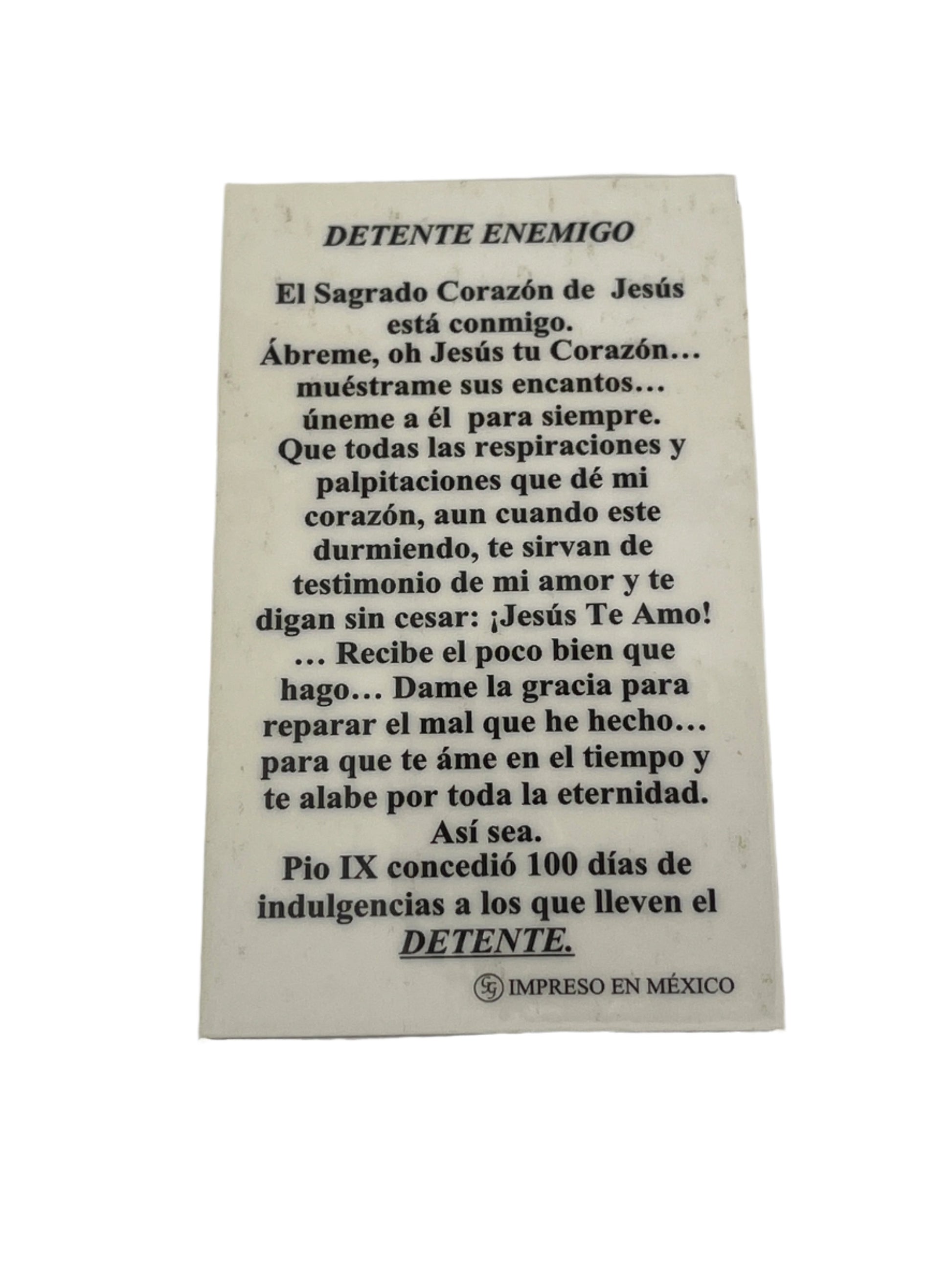 Laminated holy card with prayer to the Sacred Heart of Jesus and indulgence granted by Pius IX, printed in Mexico.