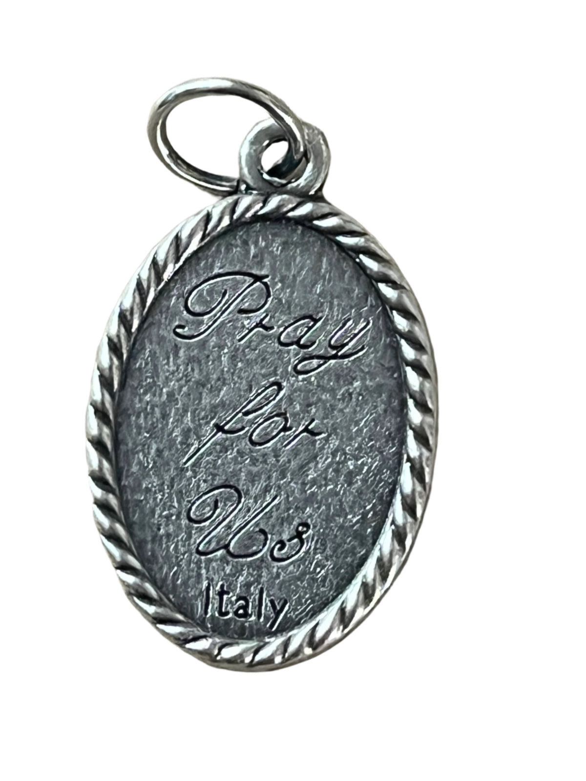 Carlo Acutis 3/4" oval medal with engraved "Pray for Us" text and twisted border, made in Italy.