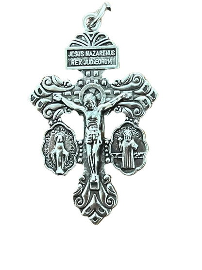 3-way pardon crucifix with detailed Jesus crucifix, Saint Benedict and Miraculous medals in silver tone, 1 1/2 inches long