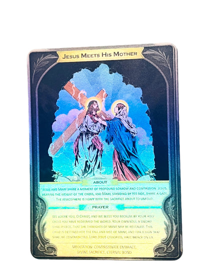 Holographic Jesus Meets His Mother prayer card with hand-drawn artwork, protective plastic film, and hard plastic case.