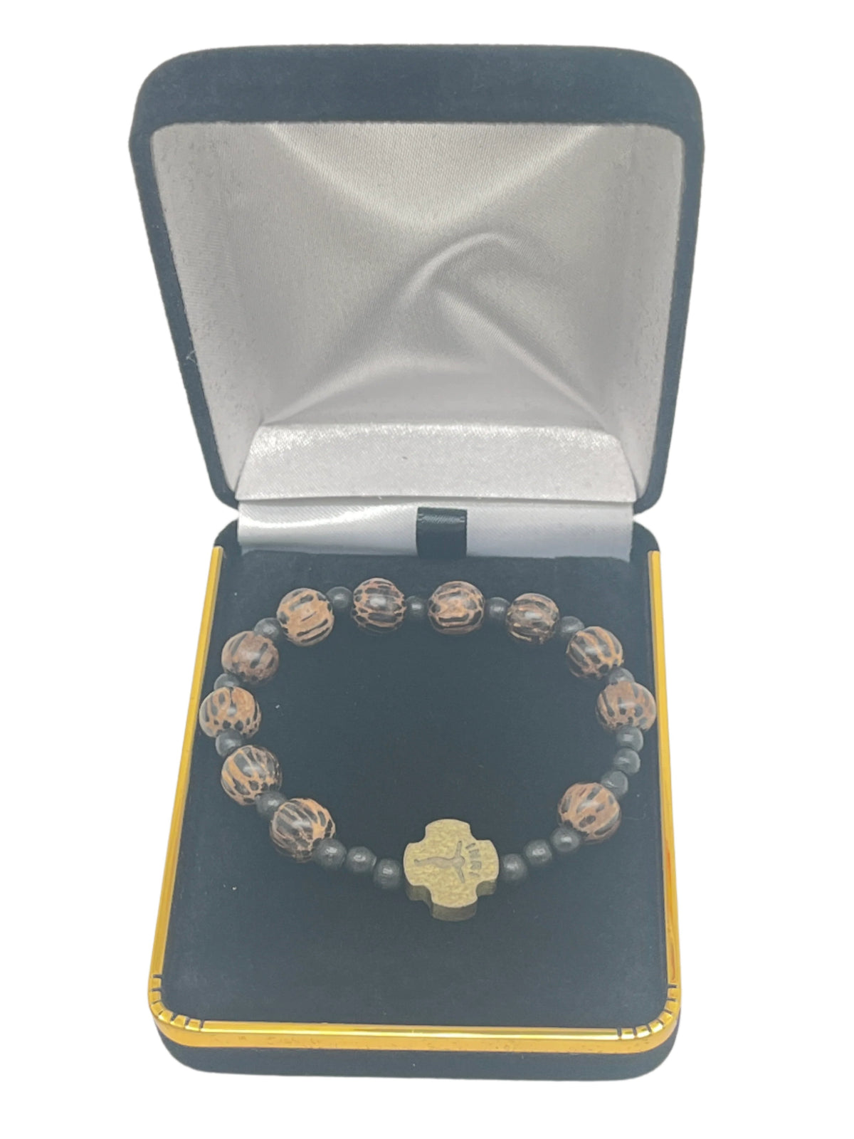 Striped wood children’s rosary bracelet with 8mm round beads and cross centerpiece in black velvet gift box