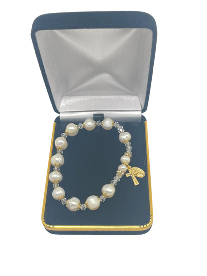 Genuine pearl rosary bracelet with gold plated crucifix and Miraculous Medal in black velvet gift box