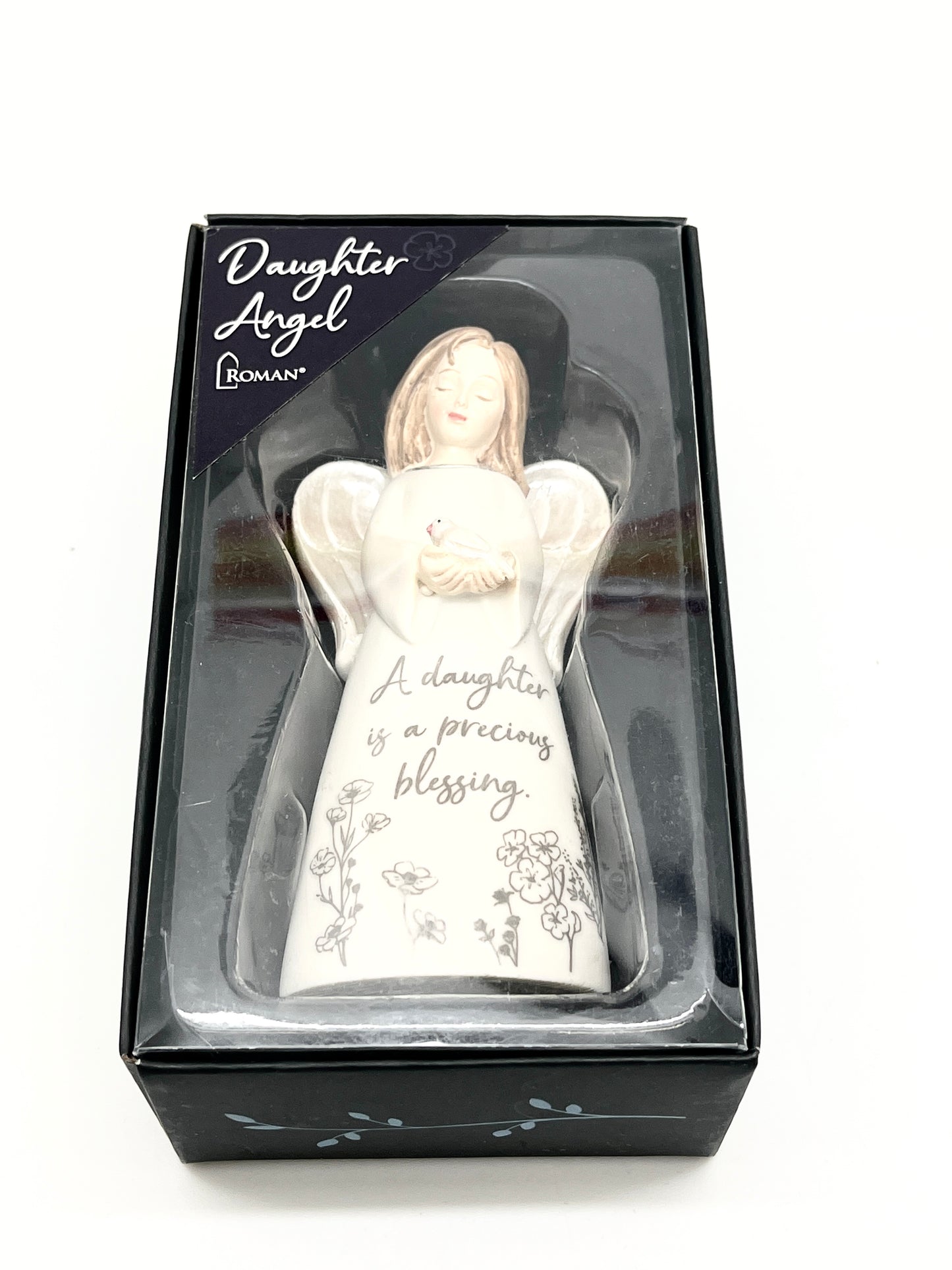 Angel for a Daughter figurine 4.5" tall, white with floral design, inscribed "A daughter is a precious blessing," in gift box.