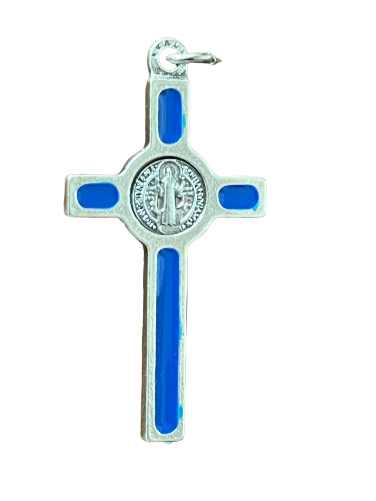 Silver tone Saint Benedict crucifix medal with blue enamel insets, detailed Benedictine center, 1 1/2 inches tall.