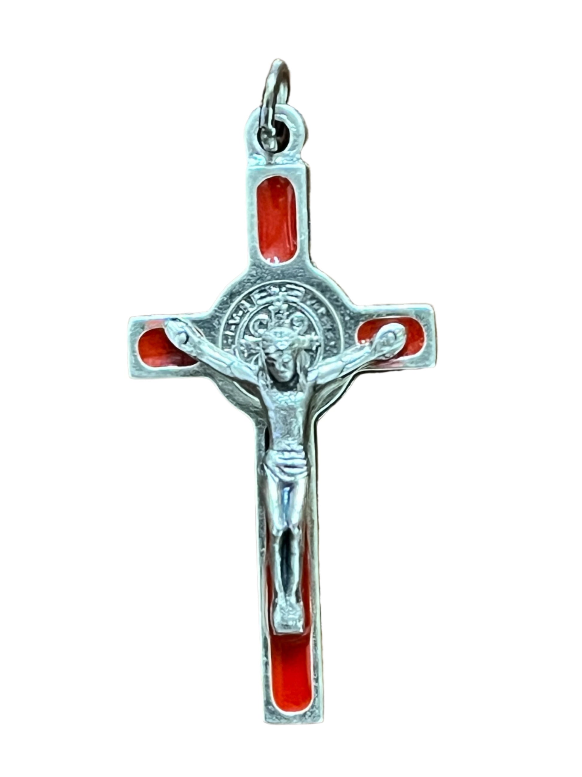 Silver tone Saint Benedict crucifix medal with red enamel inlays, featuring detailed corpus, 1 1/2 inch Italian craftsmanship.