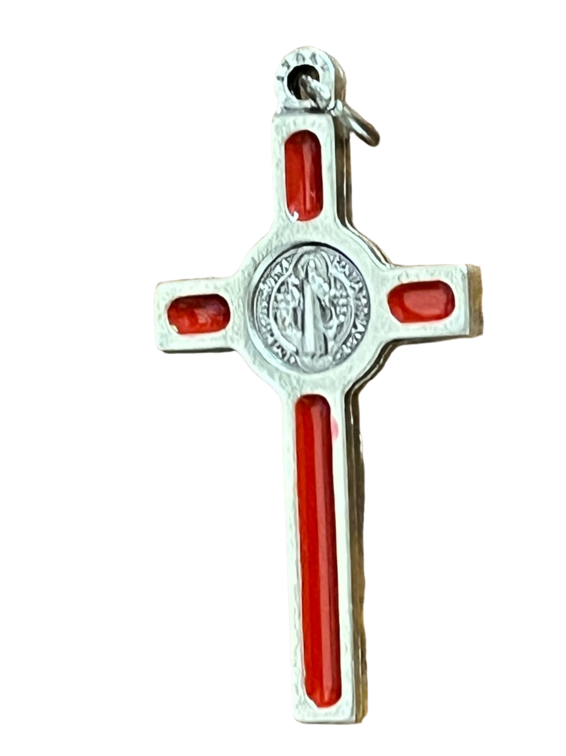 Saint Benedict crucifix medal with red enamel details and silver tone finish, 1 1/2 inches, crafted in Italy.