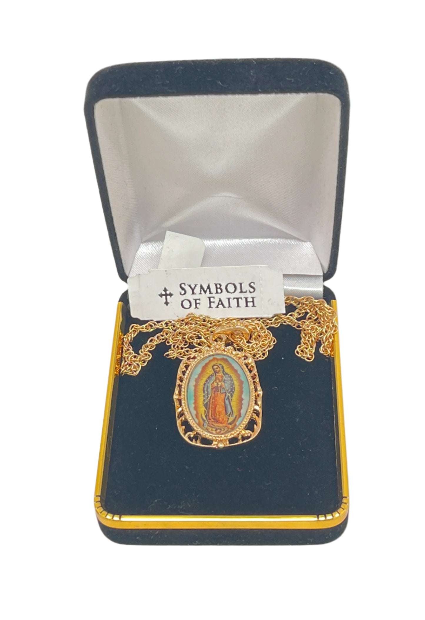 Gold Our Lady of Guadalupe medallion necklace with detailed blue and red enamel in black velvet display box