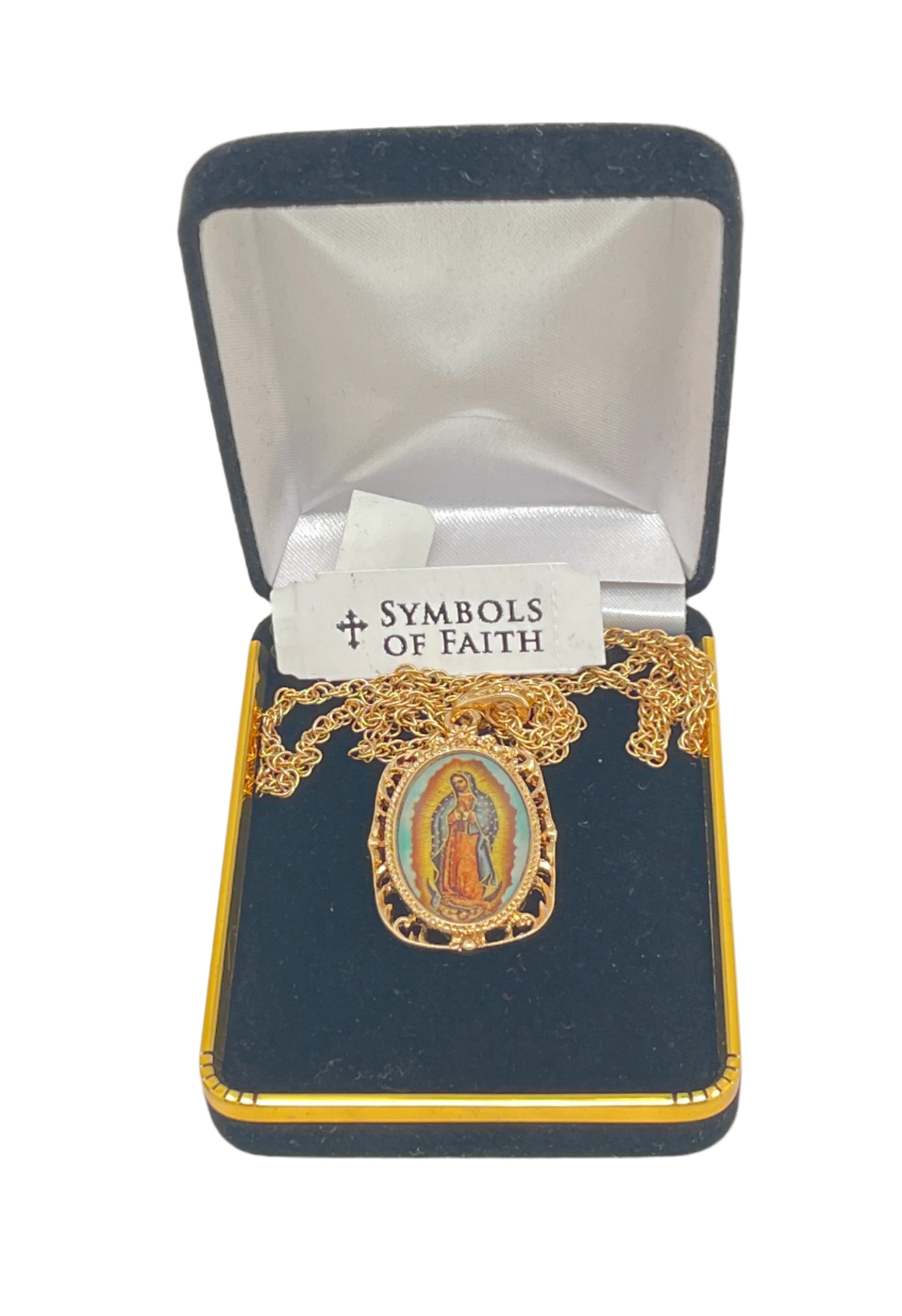 Gold Our Lady of Guadalupe medallion necklace with detailed blue and red enamel in black velvet display box