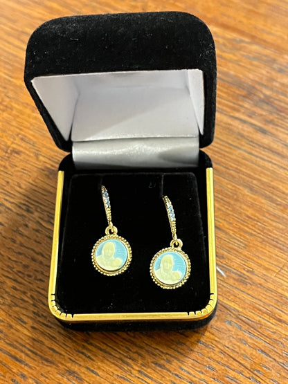14k gold dipped Madonna and Child cameo earrings with round light blue design and crystal-embellished fishhook clasps in black velvet box