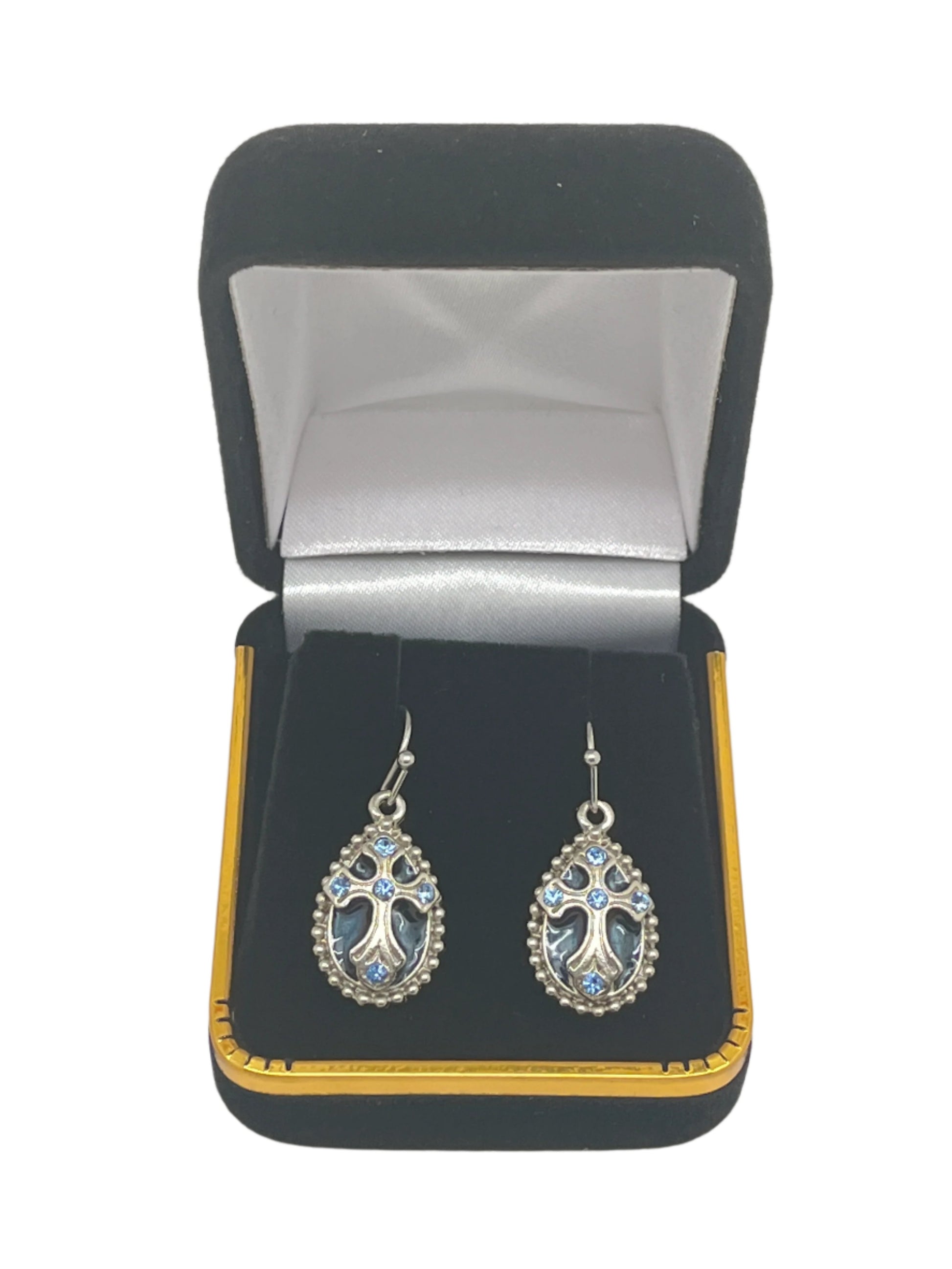 Silver tone blue enamel and crystal cross teardrop earrings displayed in black and gold jewelry box