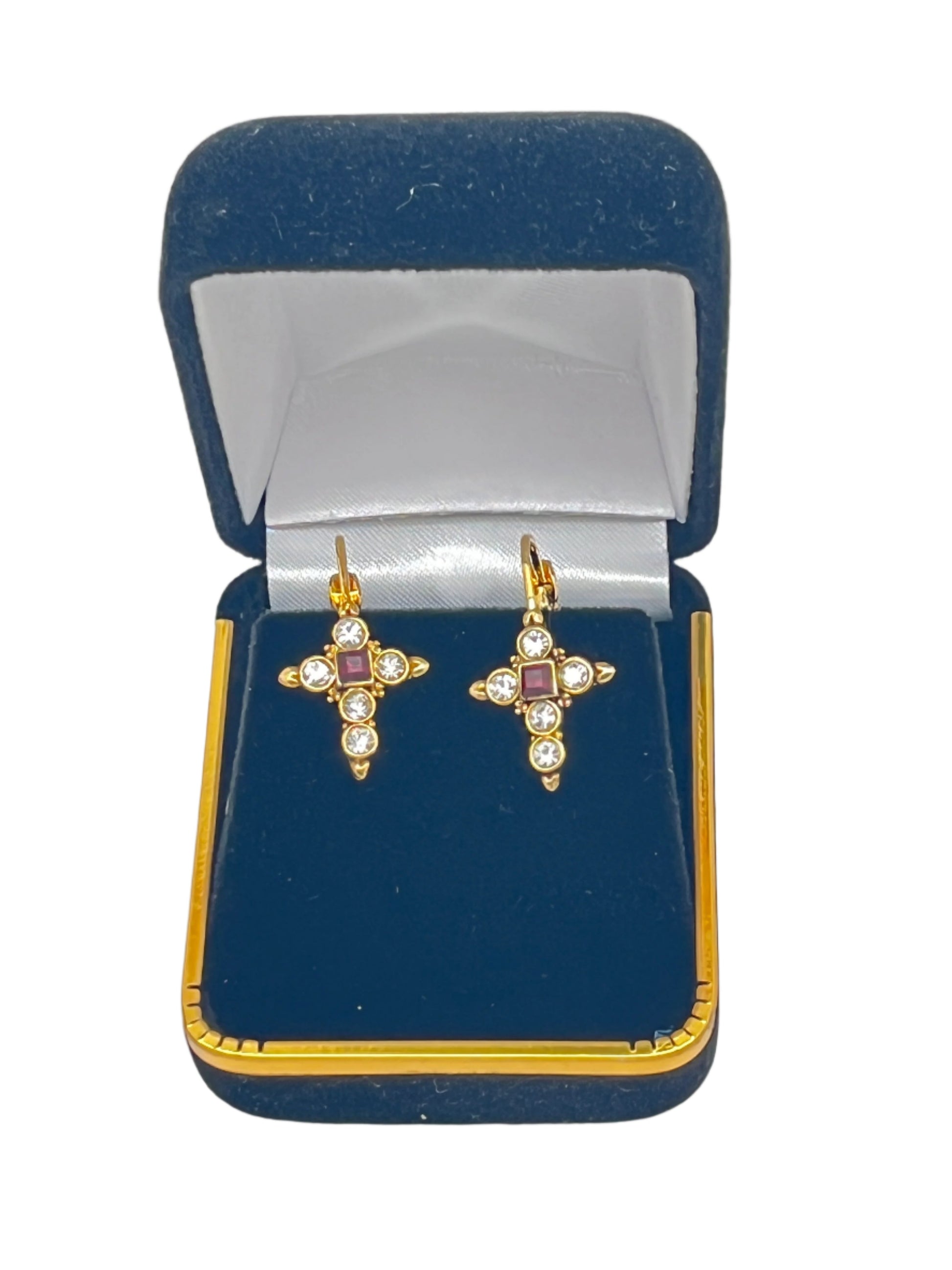 14K gold dipped cross teardrop earrings with square Siam red stone and crystal accents in blue velvet box