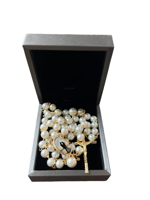 Wedding rosary with 8mm pearl beads, gold crucifix, and center medallion in black velvet gift box