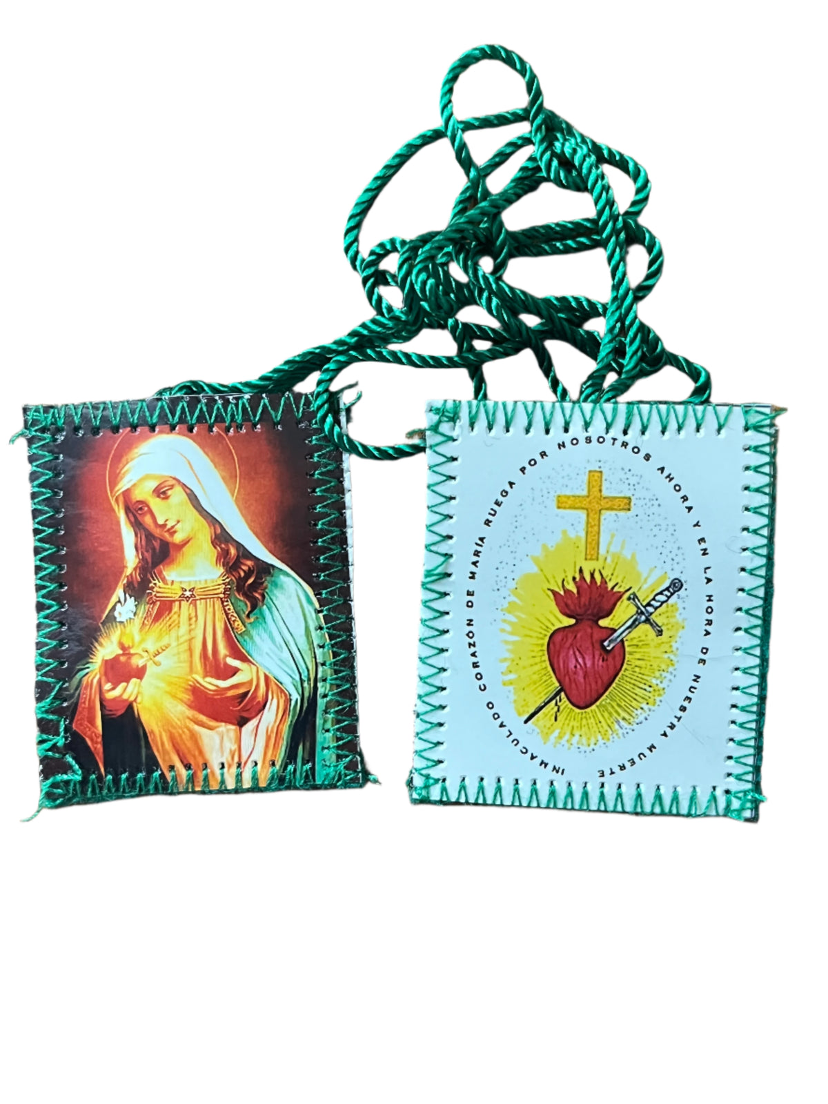 Green Scapular with Immaculate Heart image on one side and sacred heart with cross and sword on reverse, green cord