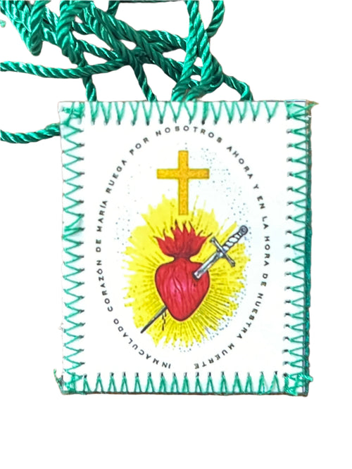 Green Scapular with Immaculate Heart design featuring cross and sword, symbolizing faith and conversion promises