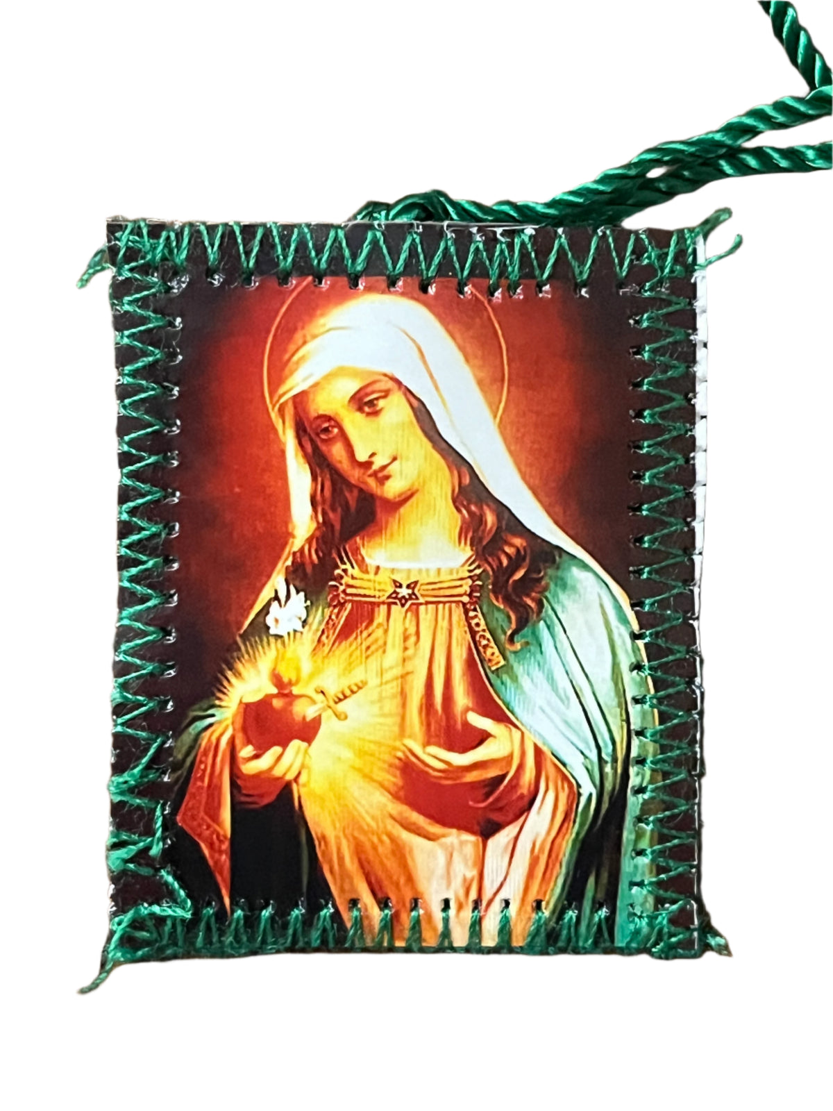 Green Scapular featuring the Immaculate Heart of Mary with detailed artwork and green stitched border on white background