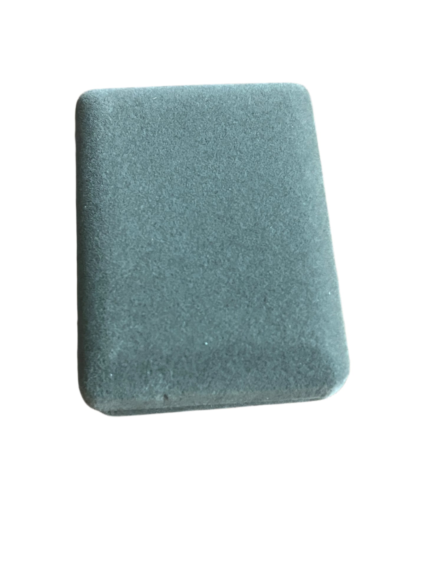 Soft gray velvet presentation box for silver-tone blue glass bead rosary, ideal for First Communion gift