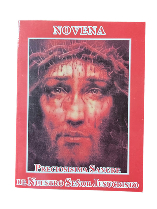 Novena Preciosisima Sangre de Nuestro Senor Jesucristo booklet with portrait of Jesus wearing a crown of thorns on red cover