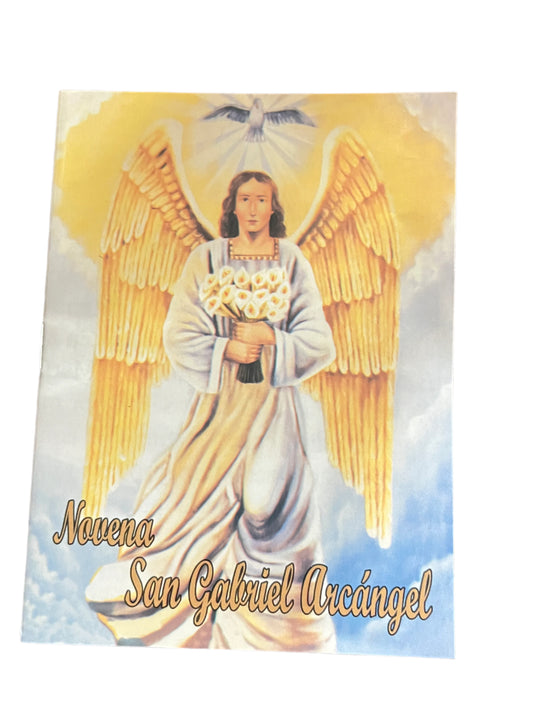 Novena to Saint Gabriel Archangel booklet with angel illustration holding lilies and dove above in glowing sky background