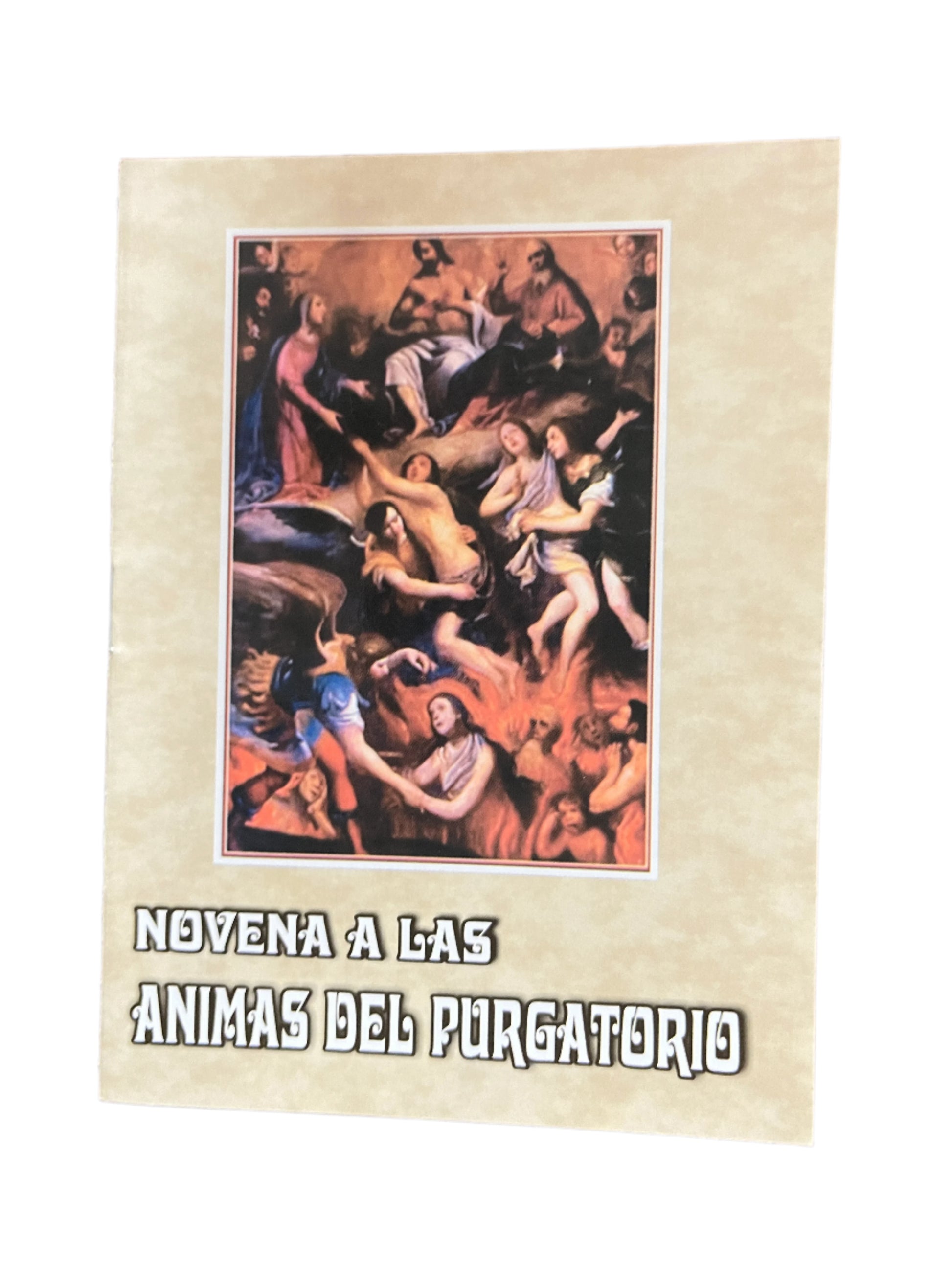 Novena a Las Ánimas del Purgatorio prayer booklet with religious artwork depicting souls in purgatory and heavenly figures