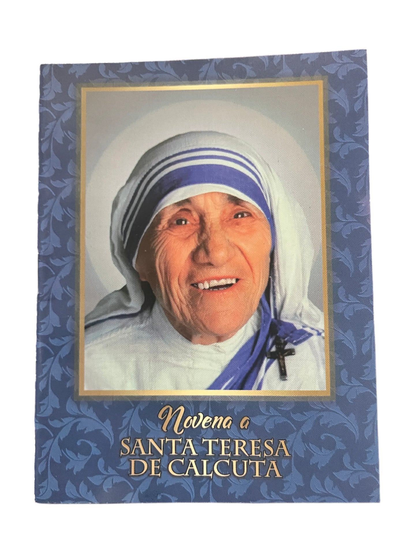 Novena to Saint Teresa of Calcutta booklet with her portrait on blue floral background and gold lettering