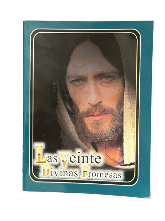 Book cover of Las Veinte Divinas Promesas featuring a solemn image of Jesus Christ with a hooded cloak and spiritual theme.