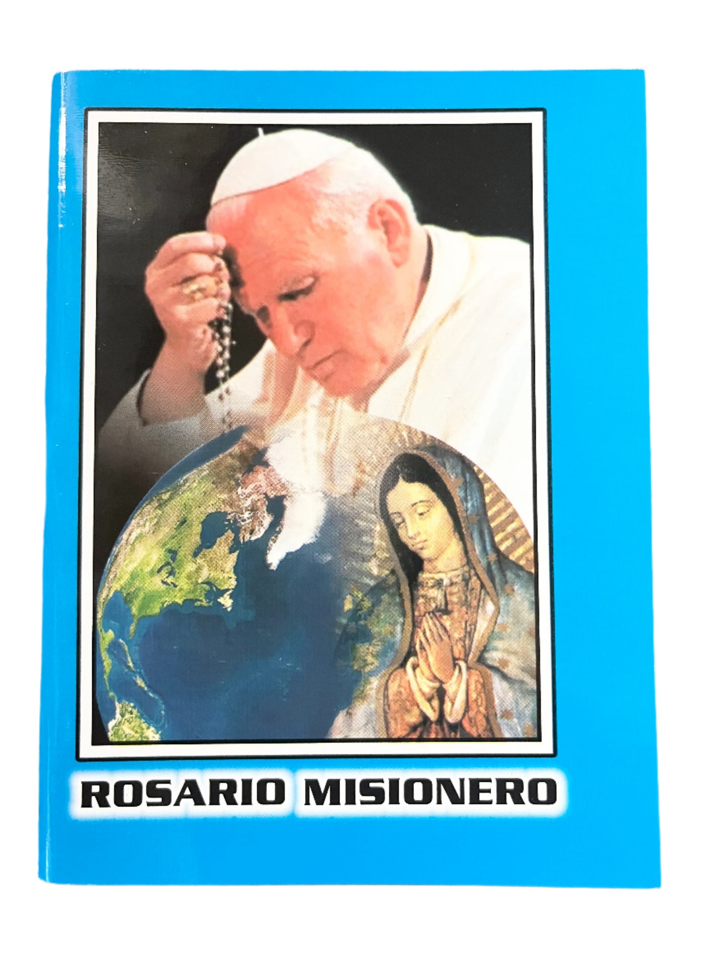 Rosario Misionero booklet with image of pope praying the rosary and globe featuring Virgin Mary illustration on blue cover