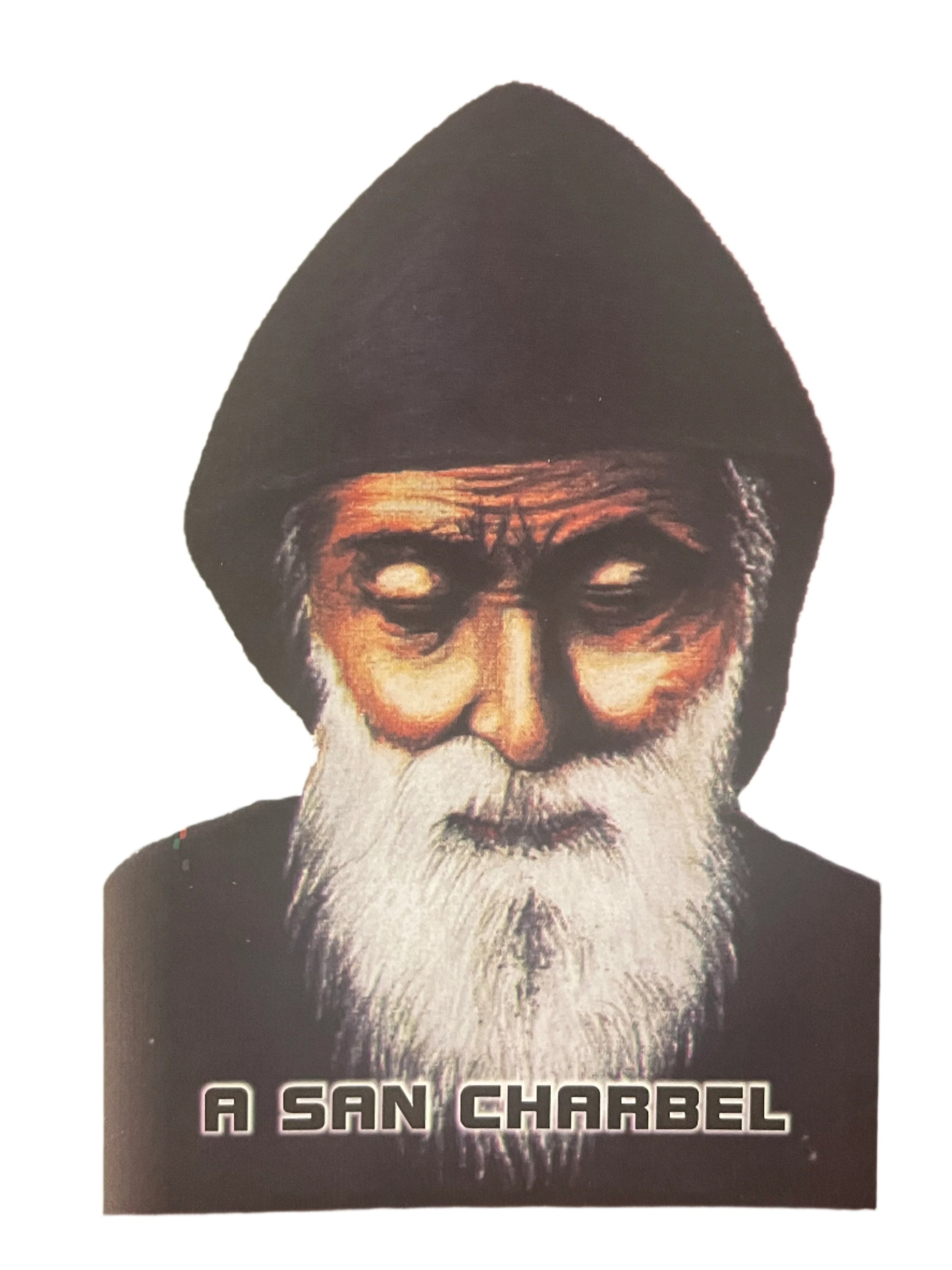 Illustration of Saint Charbel with hood and white beard, titled "A San Charbel" for novena devotional use