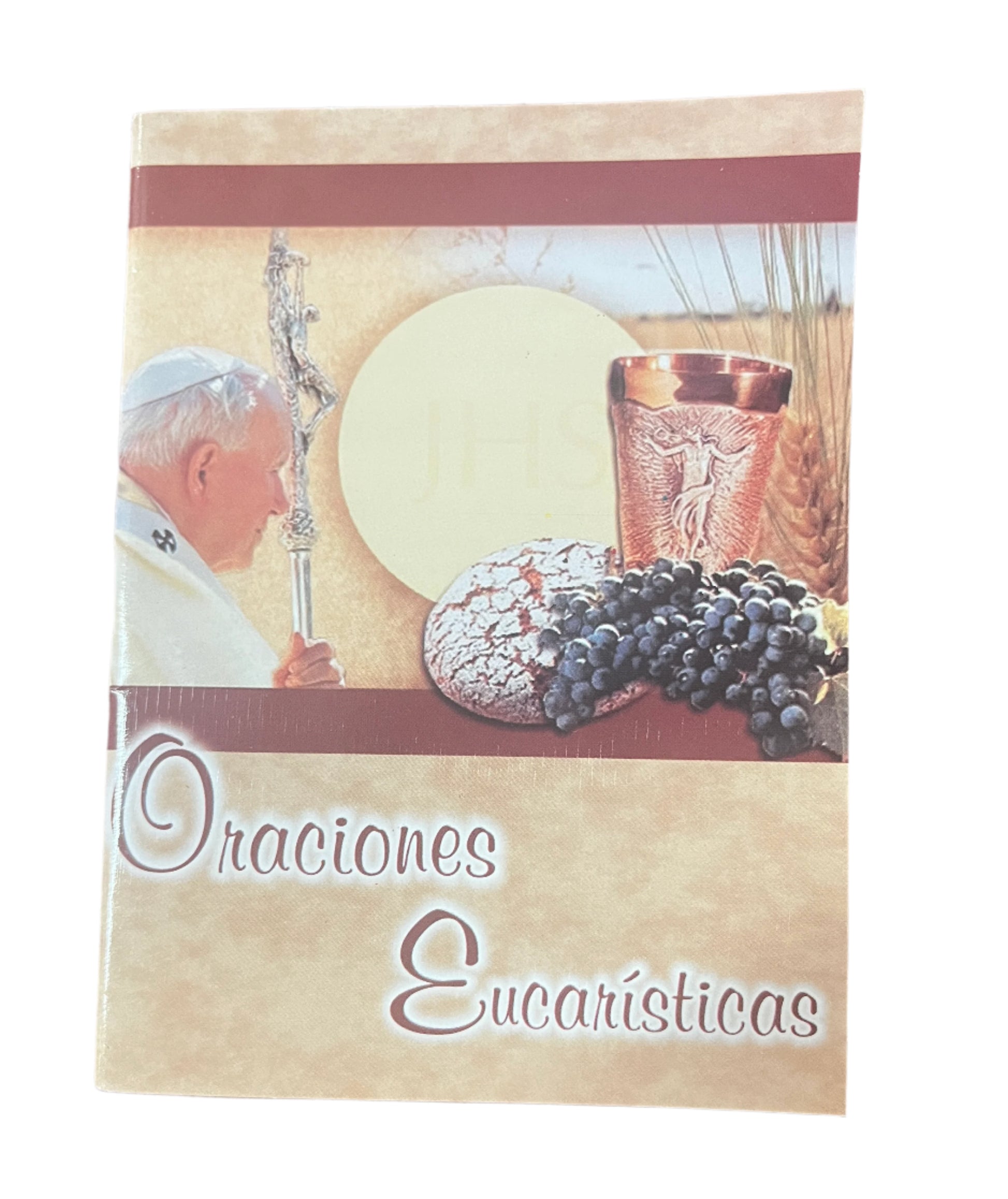 Oraciones Eucarísticas book cover with pope, communion bread, wine chalice, grapes, and wheat illustration in soft tones