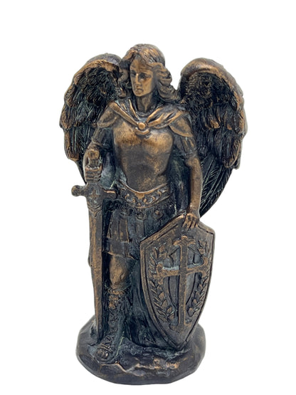 St. Michael statue 4-inch bronze patina finish depicting archangel with sword and shield in triumphant pose