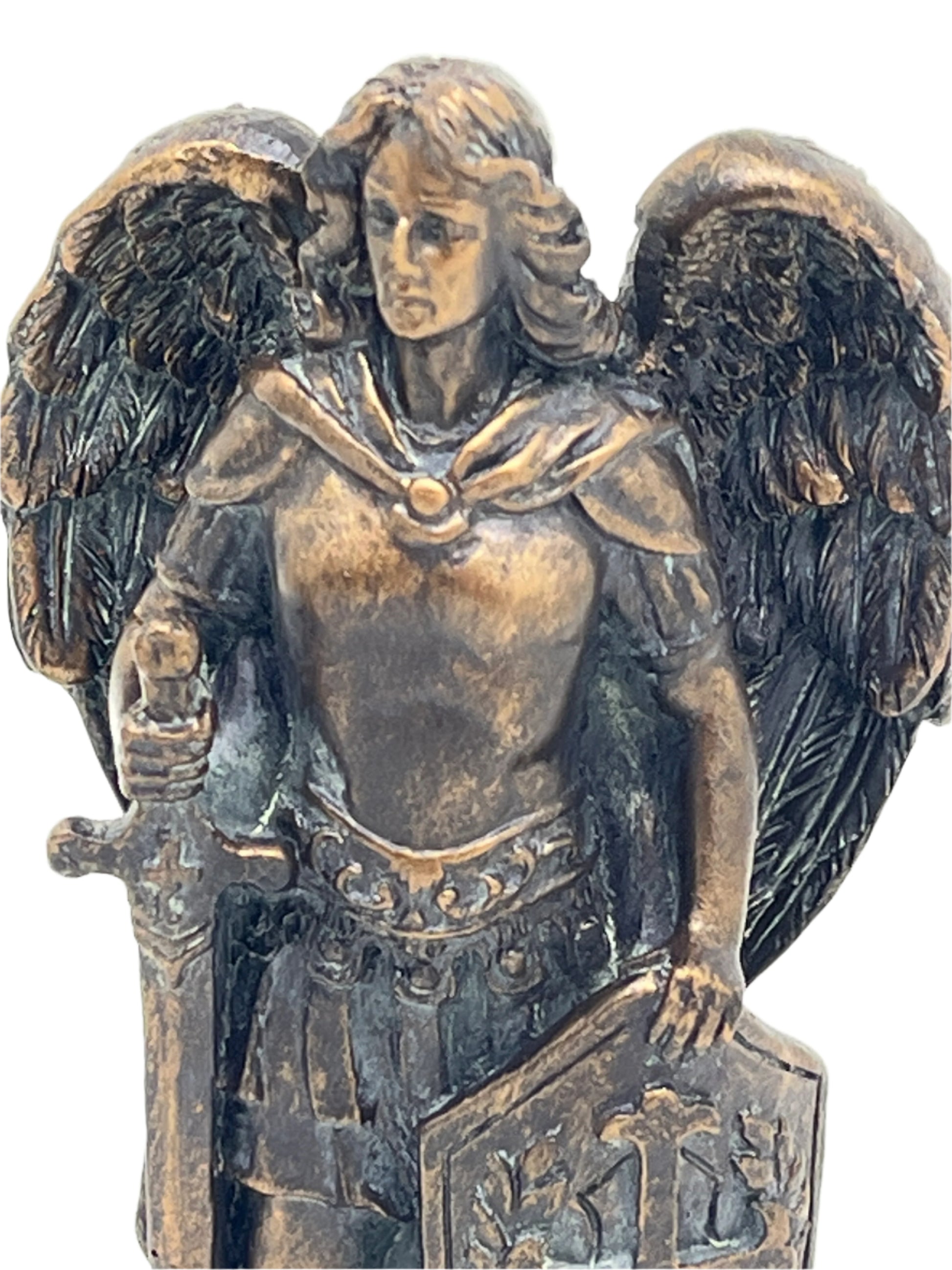4" St. Michael statue in bronze patina depicting the archangel with sword and shield, symbol of protection and strength